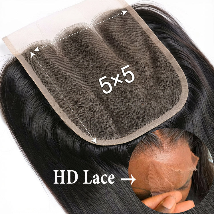 (3Bundles+5X5 HD Closure) Virgin Straight Hair Bundles Double Drawn